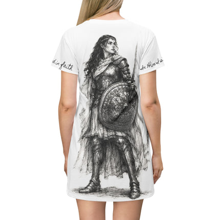 Women's Valiant Collection White T-Shirt Dress (AOP) with Black Logo