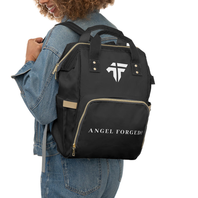 Forged Collection Black Multifunctional Diaper Backpack with White Logo