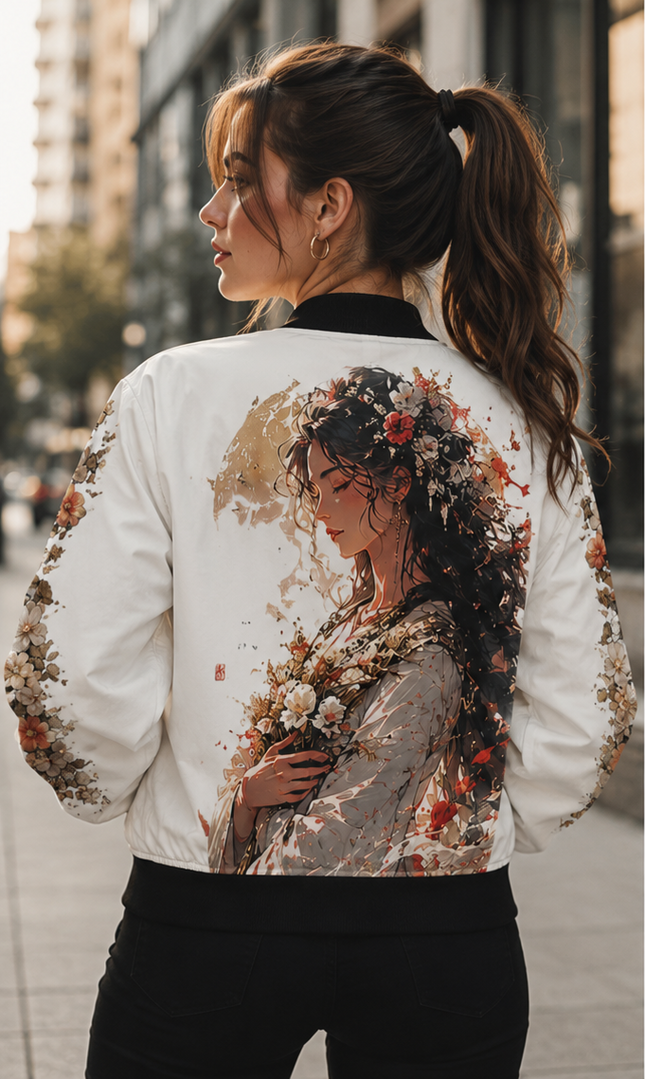 Women's Angel Collection White All-Over-Print Bomber Jacket (AOP) with Black Logo