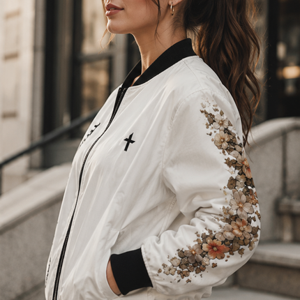 Women's Angel Collection White All-Over-Print Bomber Jacket (AOP) with Black Logo
