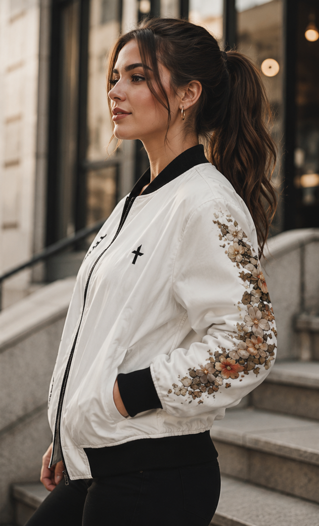 Women's Angel Collection White All-Over-Print Bomber Jacket (AOP) with Black Logo