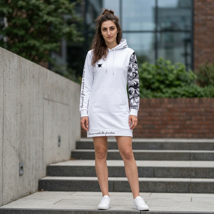 Women's Valiant Collection White Hoodie Dress with Black Logo