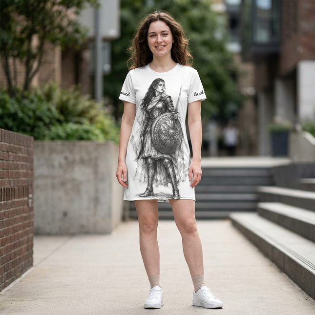 Women's Valiant Collection White T-Shirt Dress (AOP) with Black Logo