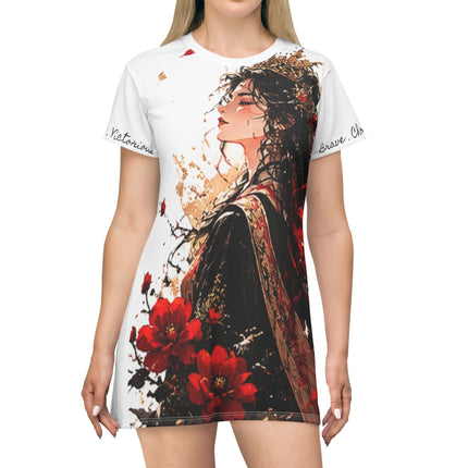 Women's Angel Collection White All-Over-Print T-Shirt Dress with Black Logo