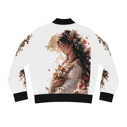 Women's Angel Collection White All-Over-Print Bomber Jacket (AOP) with Black Logo