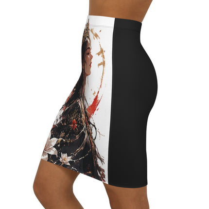 Women's Angel Collection Black and White All-Over-Print Mid-Waist Pencil Skirt with White Logo