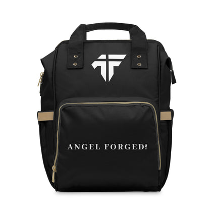 Forged Collection Black Multifunctional Diaper Backpack with White Logo